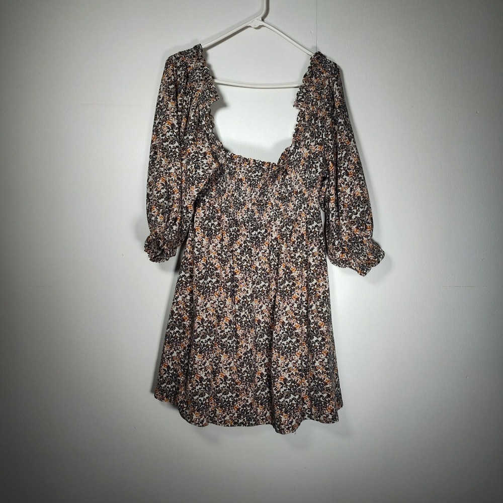 Free People This Is Everything Smocked Floral Mini Dress Square Neck Open Back M